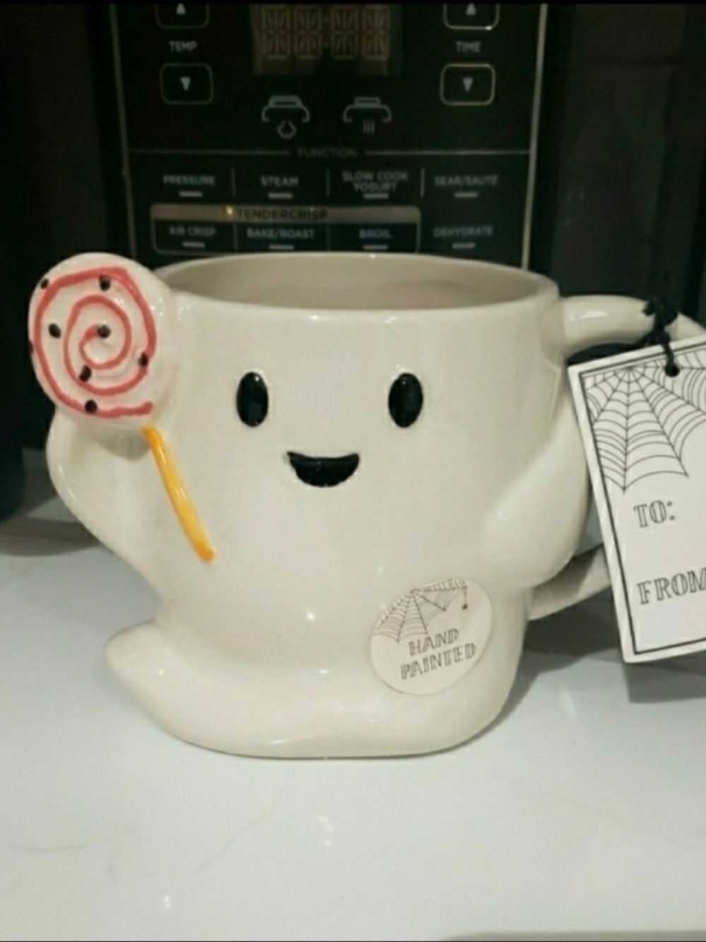 Hand-Painted White Ghost Mug with Lollipop Accent - Home Dining